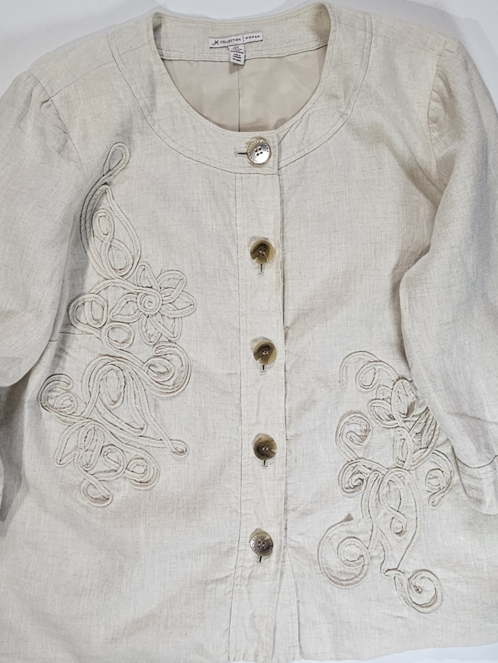 JM Collection Linen Embroidered Jacket Womens Size 16W Beige Blazer Boho Duster